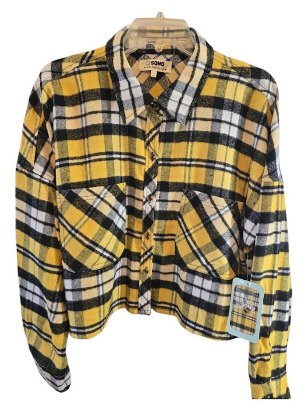 Cotton blend cropped flannel shirt Ci Sono plaid yellow black size large NWT
